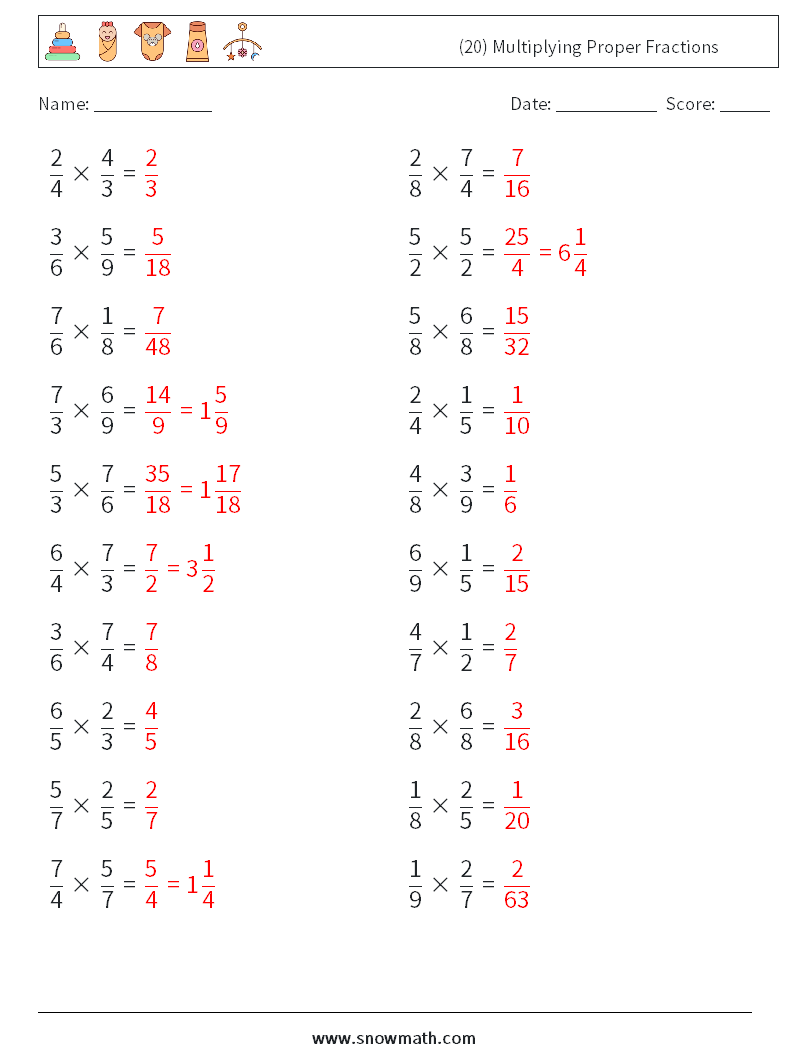 (20) Multiplying Proper Fractions Maths Worksheets 1 Question, Answer
