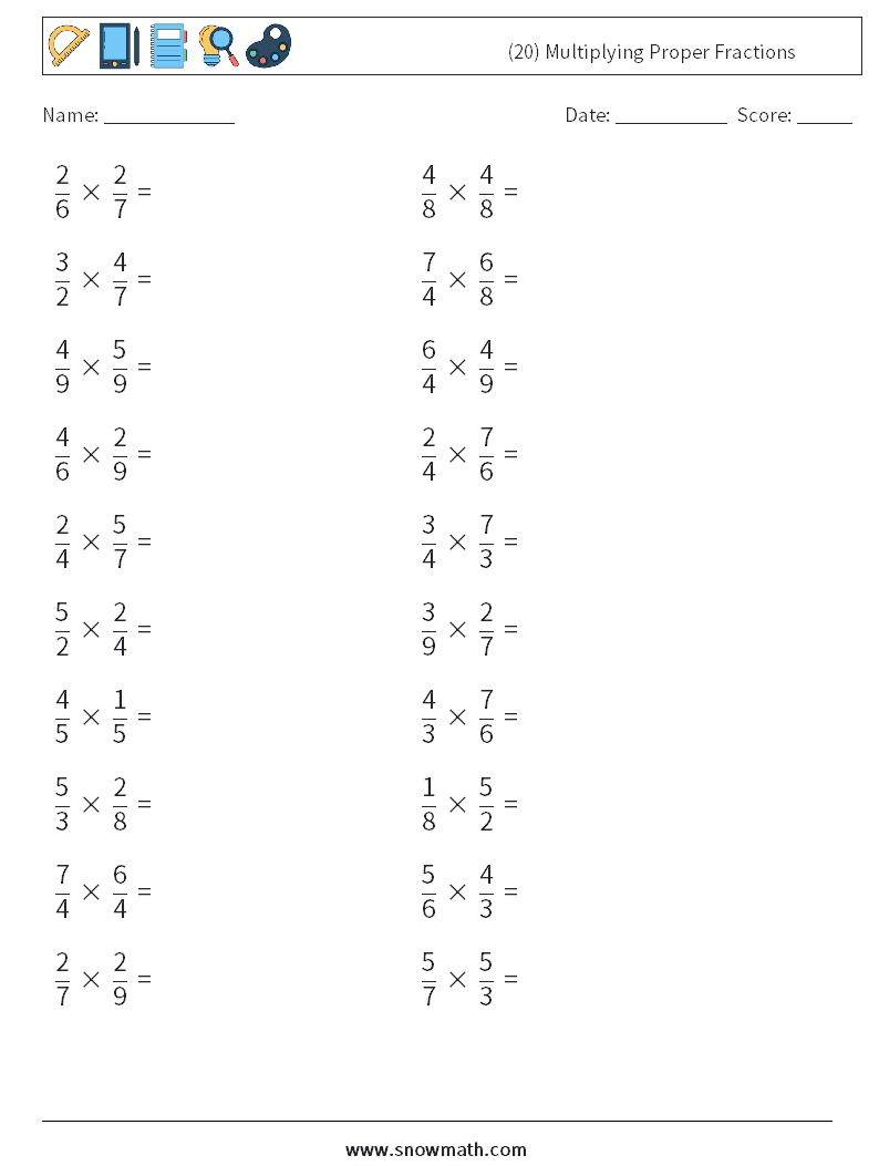 (20) Multiplying Proper Fractions Maths Worksheets 2