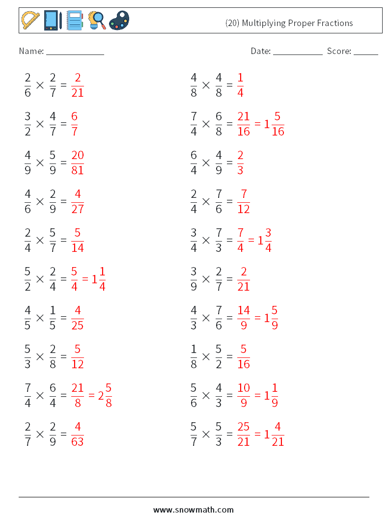 (20) Multiplying Proper Fractions Maths Worksheets 2 Question, Answer