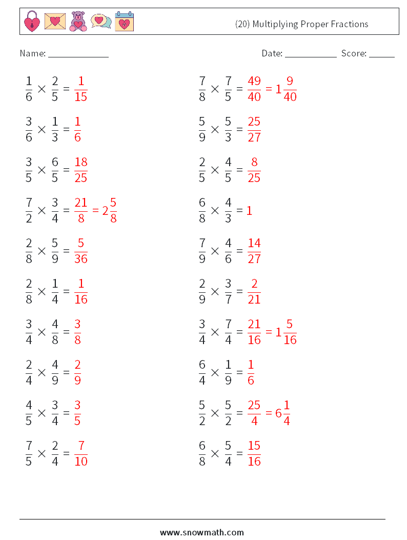 (20) Multiplying Proper Fractions Maths Worksheets 3 Question, Answer