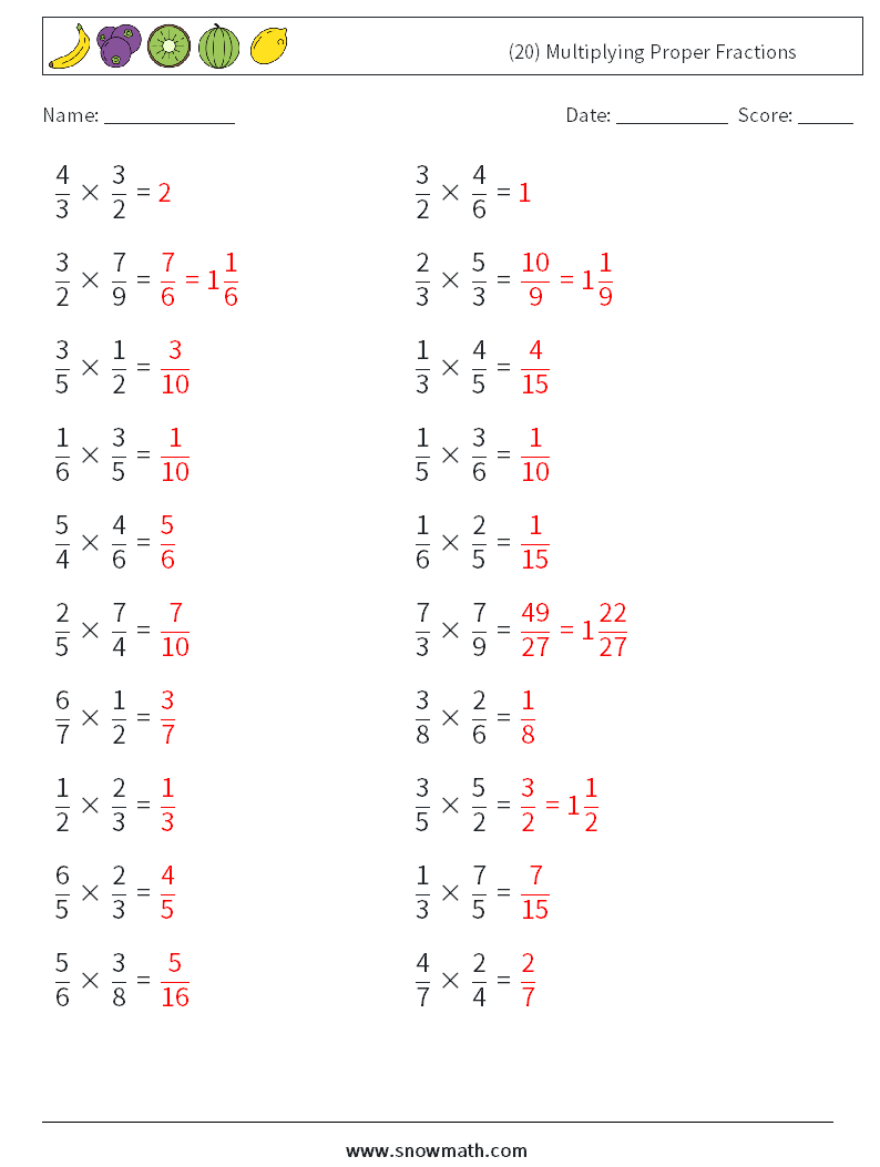 (20) Multiplying Proper Fractions Maths Worksheets 4 Question, Answer