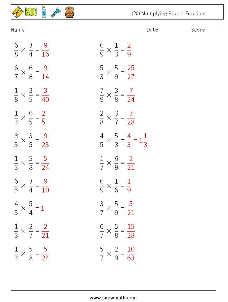 (20) Multiplying Proper Fractions Maths Worksheets 5 Question, Answer