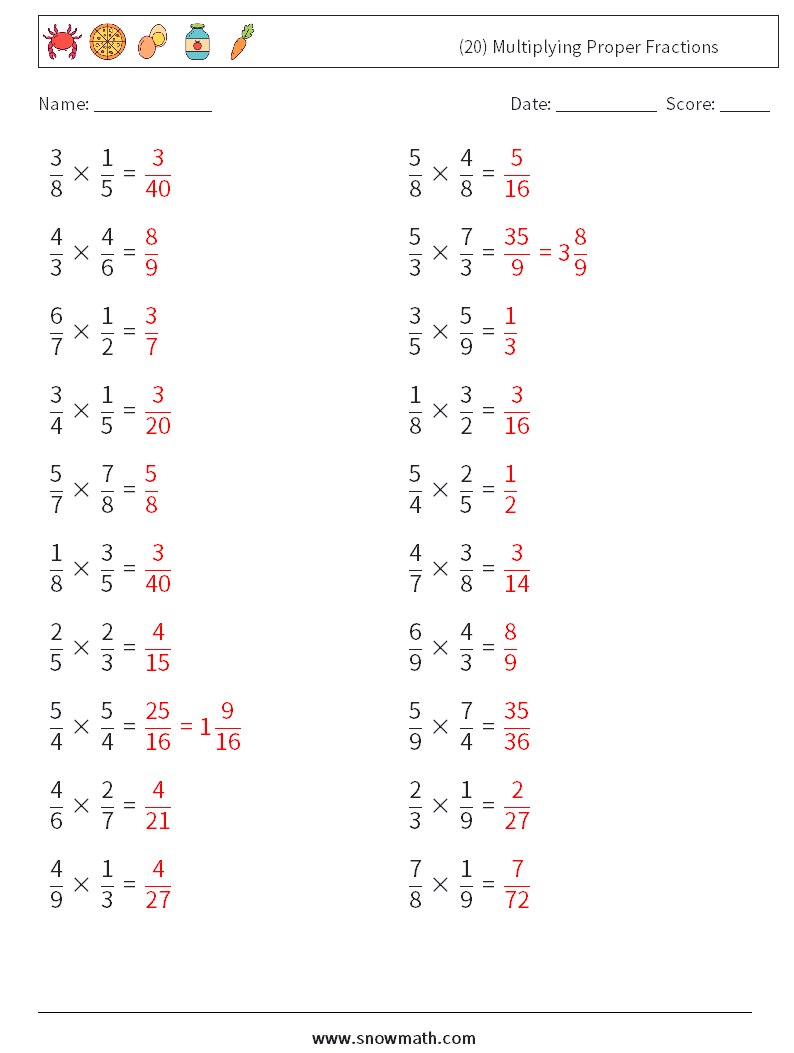 (20) Multiplying Proper Fractions Maths Worksheets 6 Question, Answer