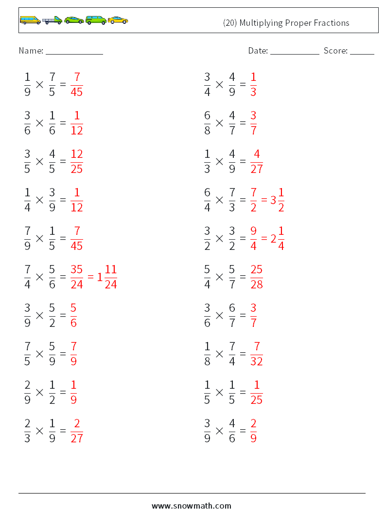 (20) Multiplying Proper Fractions Maths Worksheets 7 Question, Answer