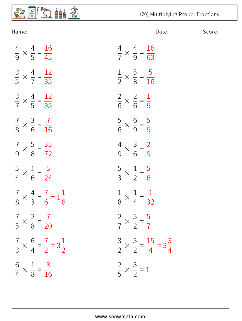 (20) Multiplying Proper Fractions Maths Worksheets 8 Question, Answer