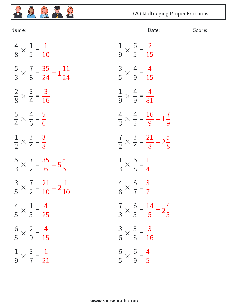 (20) Multiplying Proper Fractions Maths Worksheets 9 Question, Answer