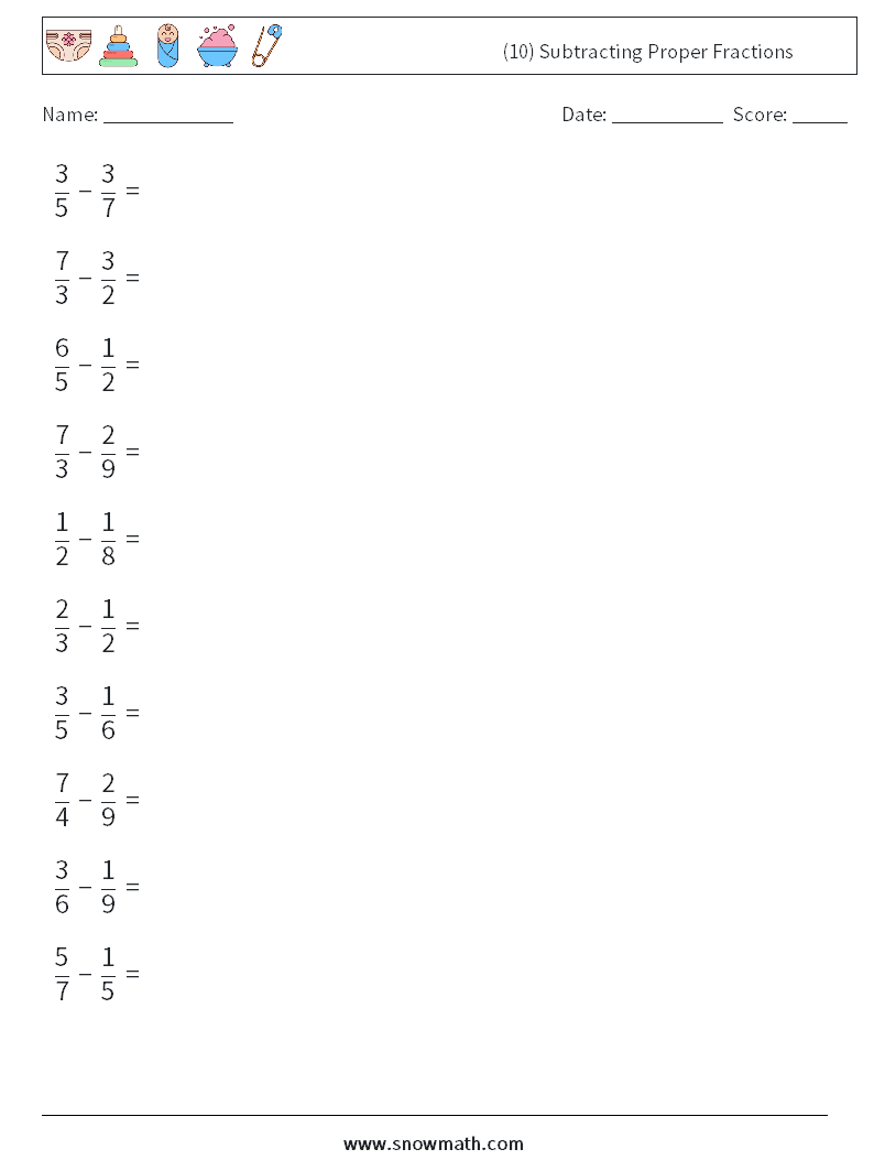 (10) Subtracting Proper Fractions Maths Worksheets 1