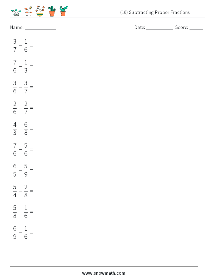 (10) Subtracting Proper Fractions Maths Worksheets 10