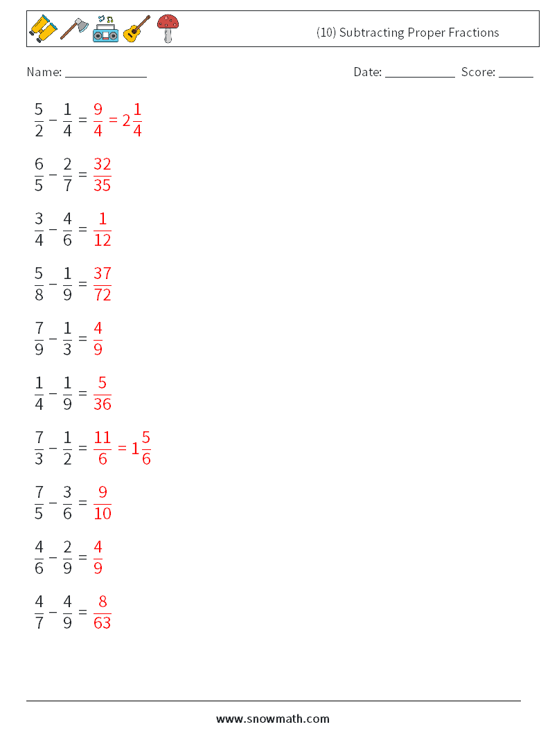(10) Subtracting Proper Fractions Maths Worksheets 11 Question, Answer