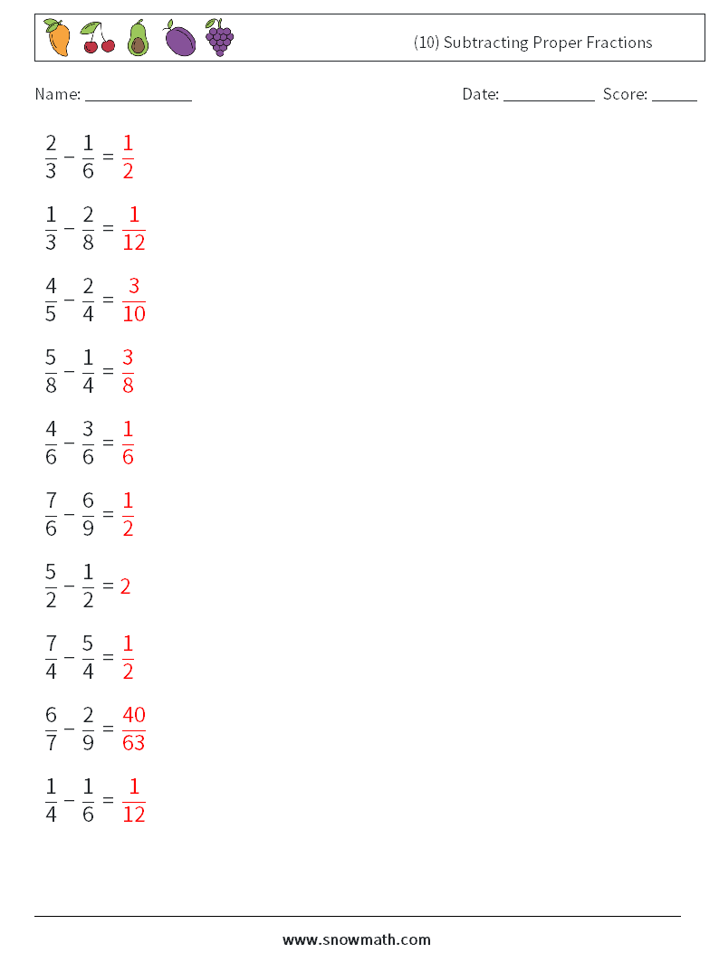 (10) Subtracting Proper Fractions Maths Worksheets 12 Question, Answer