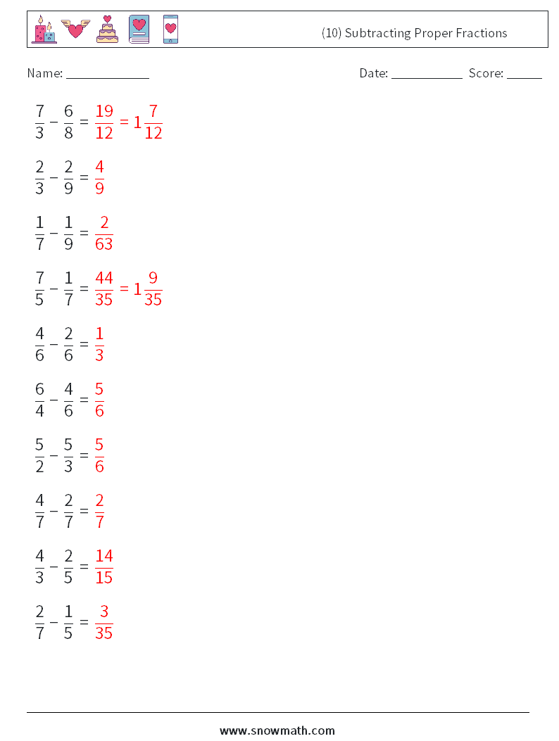 (10) Subtracting Proper Fractions Maths Worksheets 13 Question, Answer
