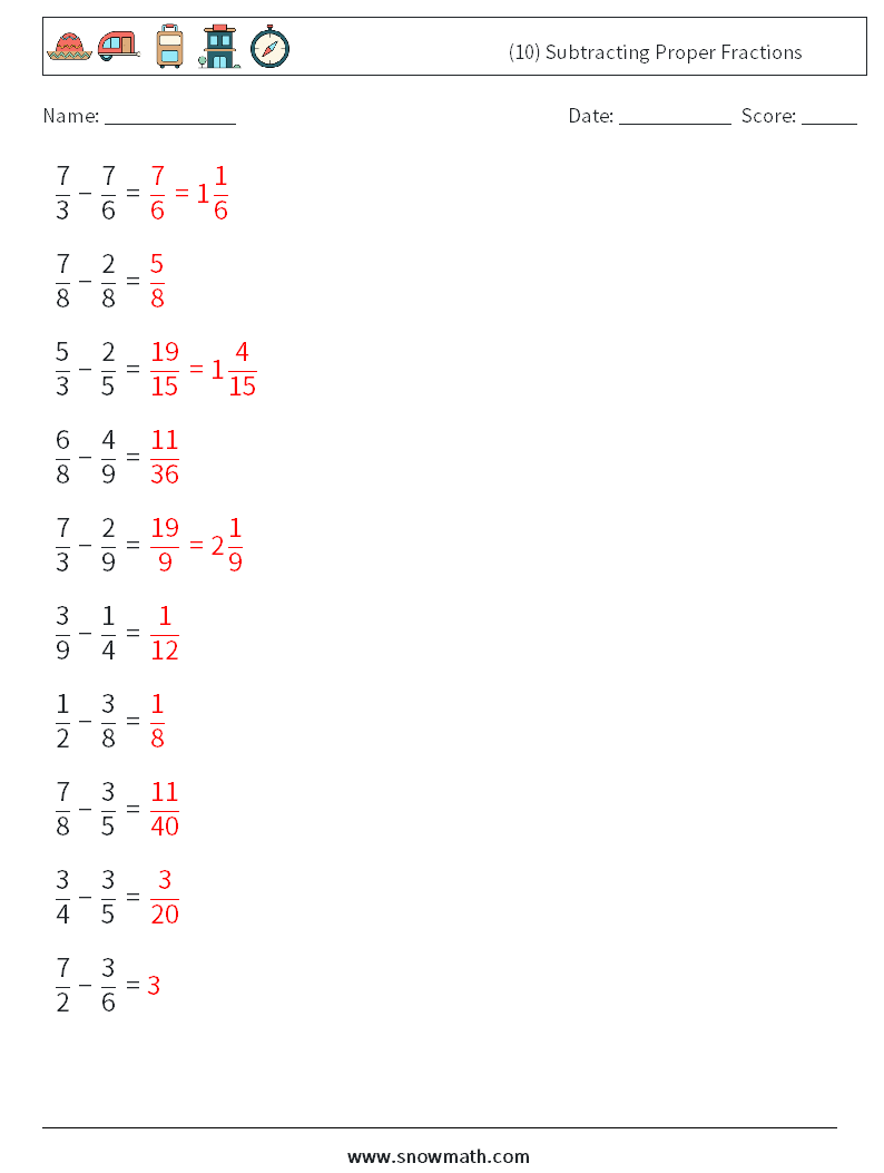 (10) Subtracting Proper Fractions Maths Worksheets 14 Question, Answer