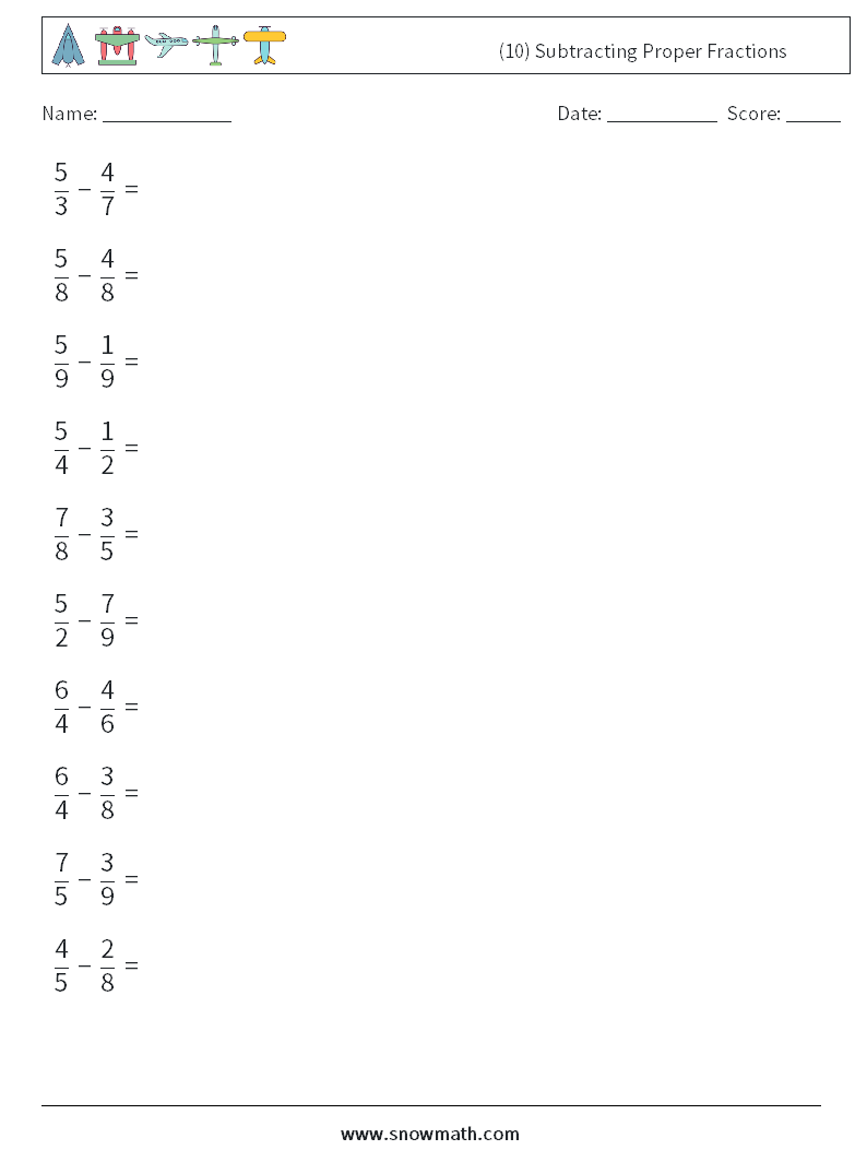 (10) Subtracting Proper Fractions Maths Worksheets 15