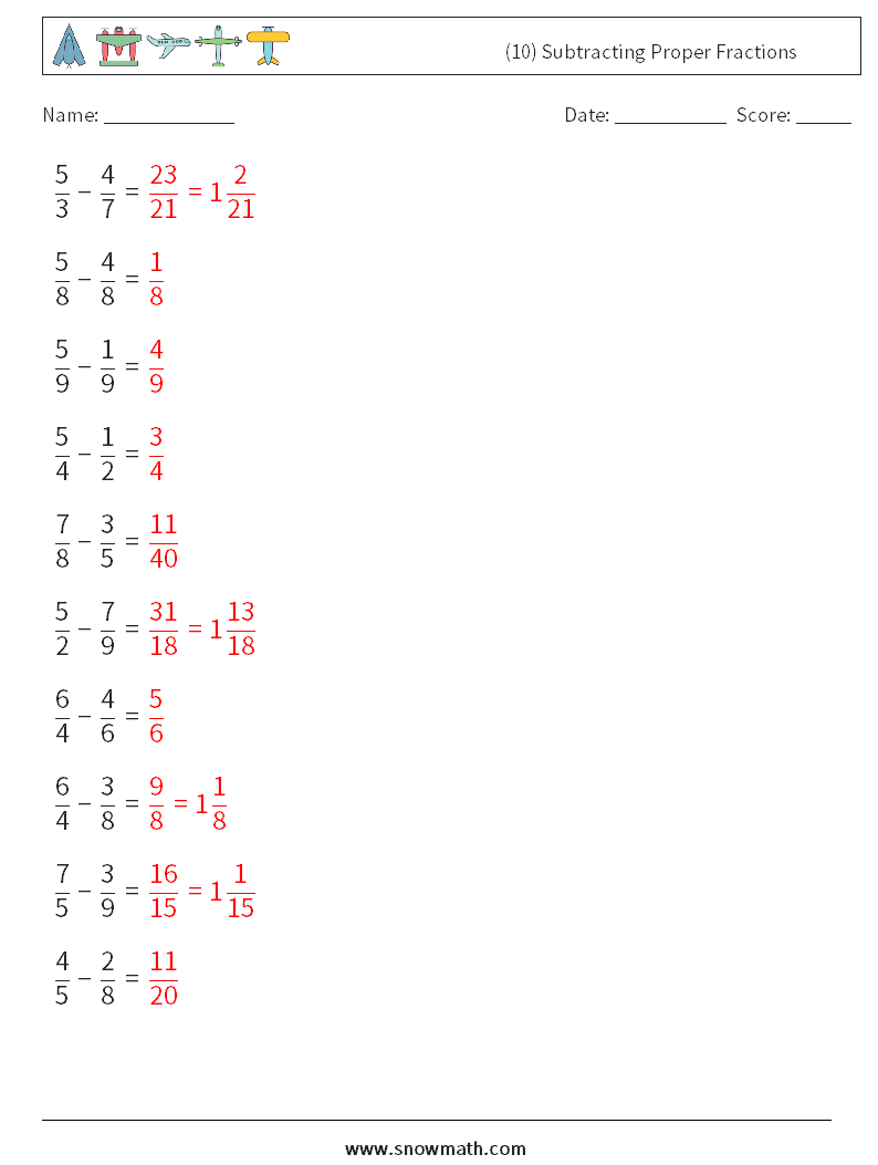 (10) Subtracting Proper Fractions Maths Worksheets 15 Question, Answer