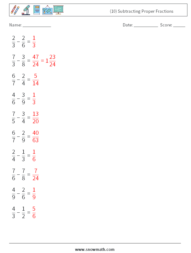 (10) Subtracting Proper Fractions Maths Worksheets 16 Question, Answer