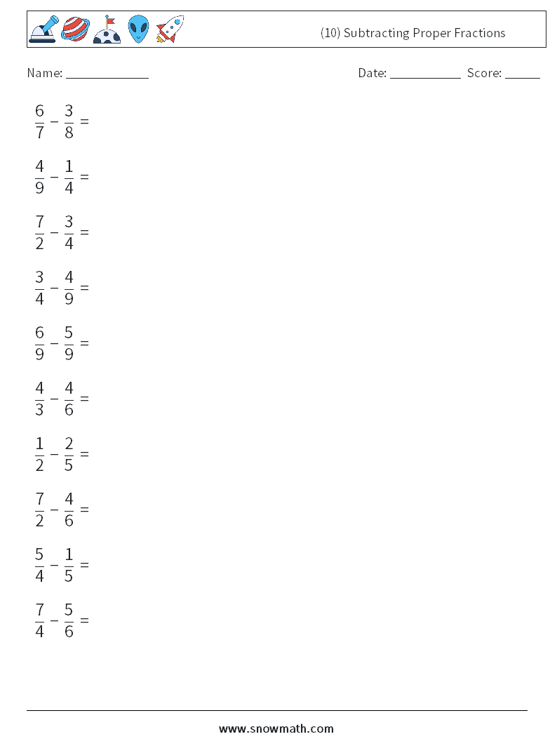 (10) Subtracting Proper Fractions Maths Worksheets 17