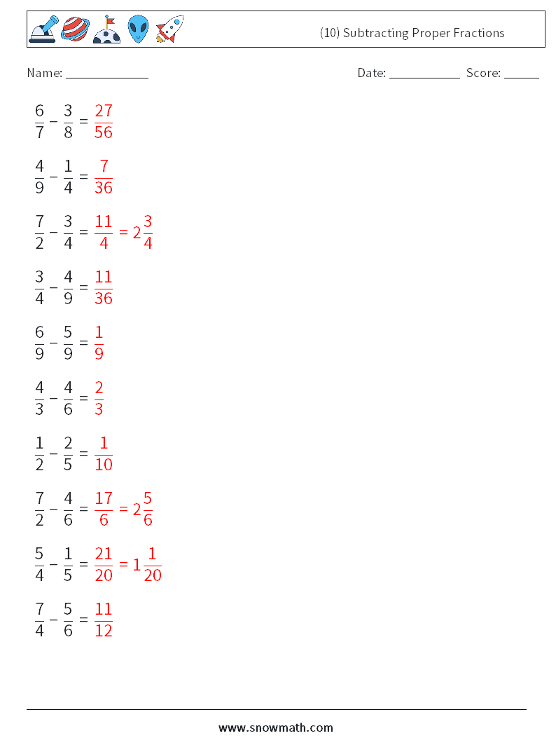 (10) Subtracting Proper Fractions Maths Worksheets 17 Question, Answer