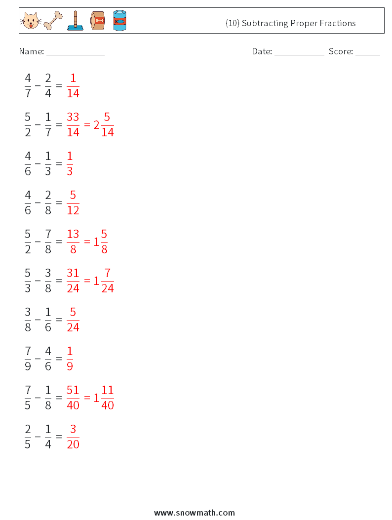 (10) Subtracting Proper Fractions Maths Worksheets 18 Question, Answer