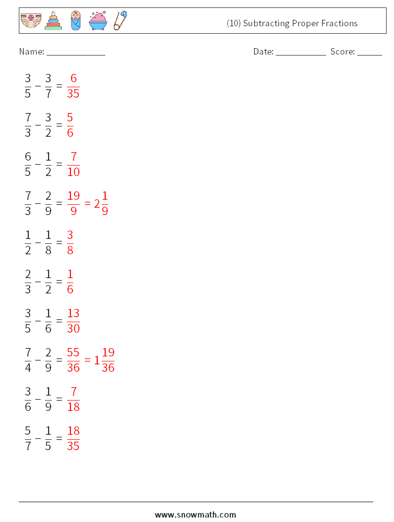 (10) Subtracting Proper Fractions Maths Worksheets 1 Question, Answer