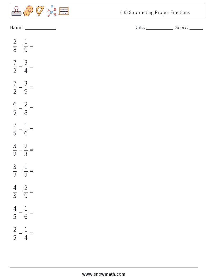 (10) Subtracting Proper Fractions Maths Worksheets 2