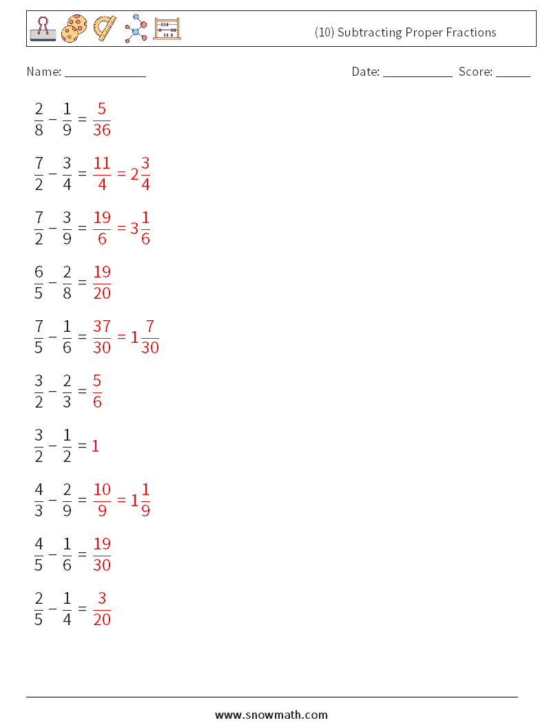 (10) Subtracting Proper Fractions Maths Worksheets 2 Question, Answer