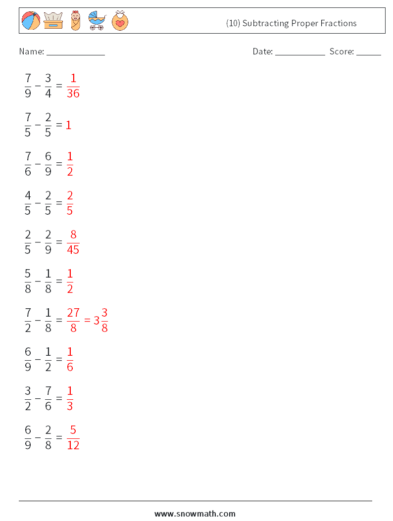 (10) Subtracting Proper Fractions Maths Worksheets 3 Question, Answer