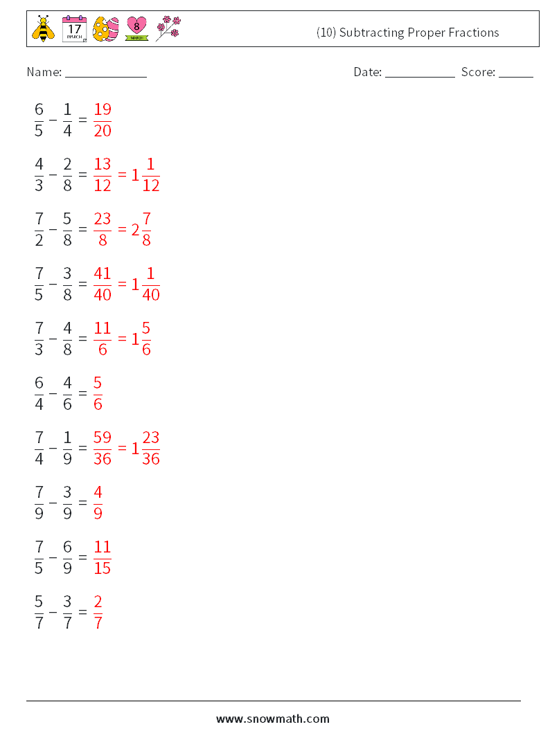 (10) Subtracting Proper Fractions Maths Worksheets 4 Question, Answer