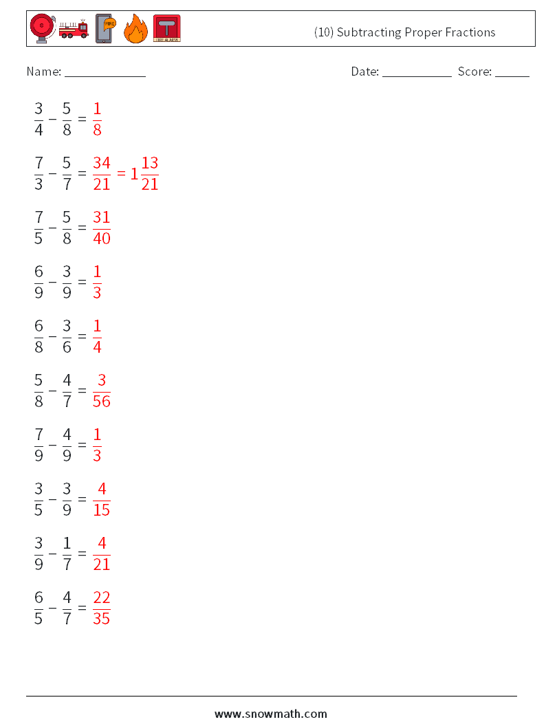 (10) Subtracting Proper Fractions Maths Worksheets 5 Question, Answer