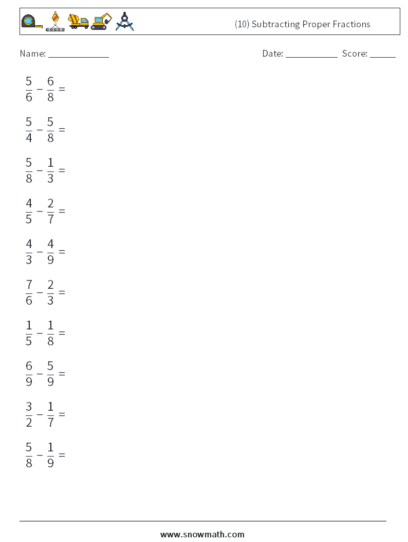 (10) Subtracting Proper Fractions Maths Worksheets 6