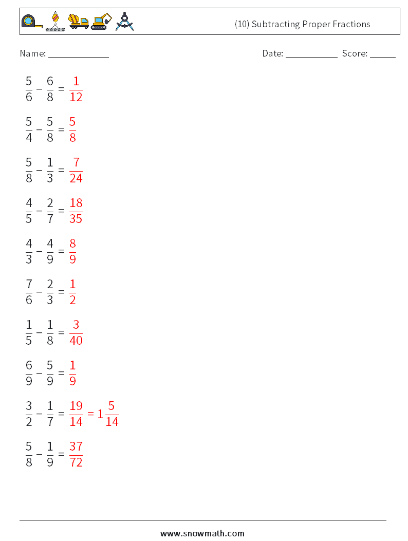 (10) Subtracting Proper Fractions Maths Worksheets 6 Question, Answer