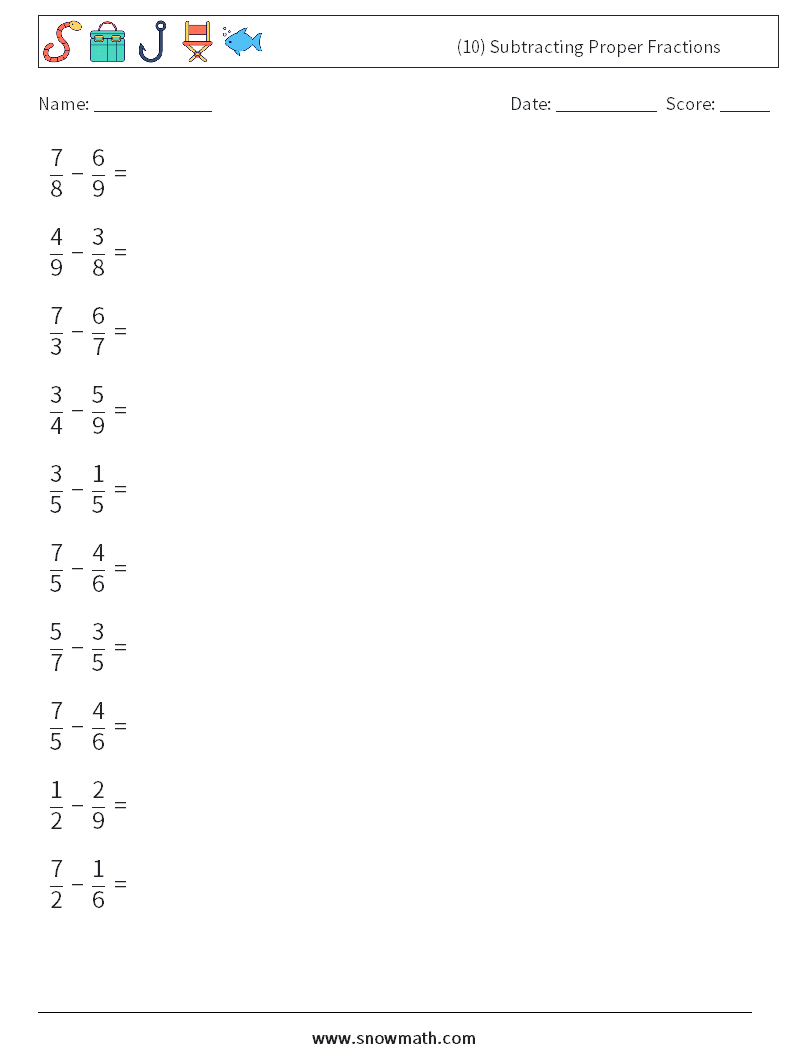 (10) Subtracting Proper Fractions Maths Worksheets 7