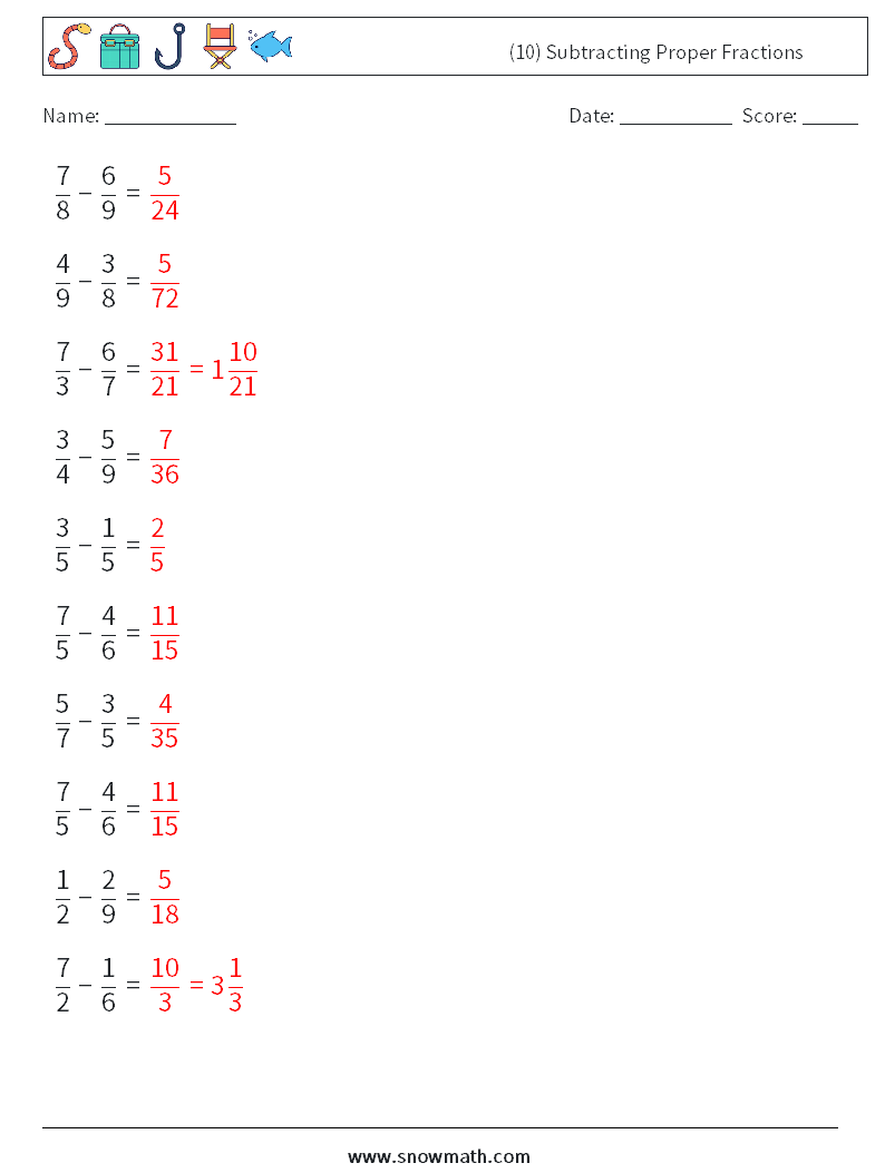 (10) Subtracting Proper Fractions Maths Worksheets 7 Question, Answer