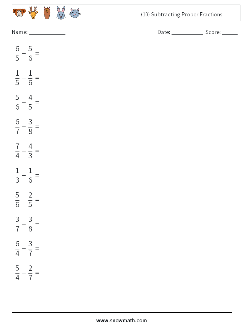 (10) Subtracting Proper Fractions Maths Worksheets 8