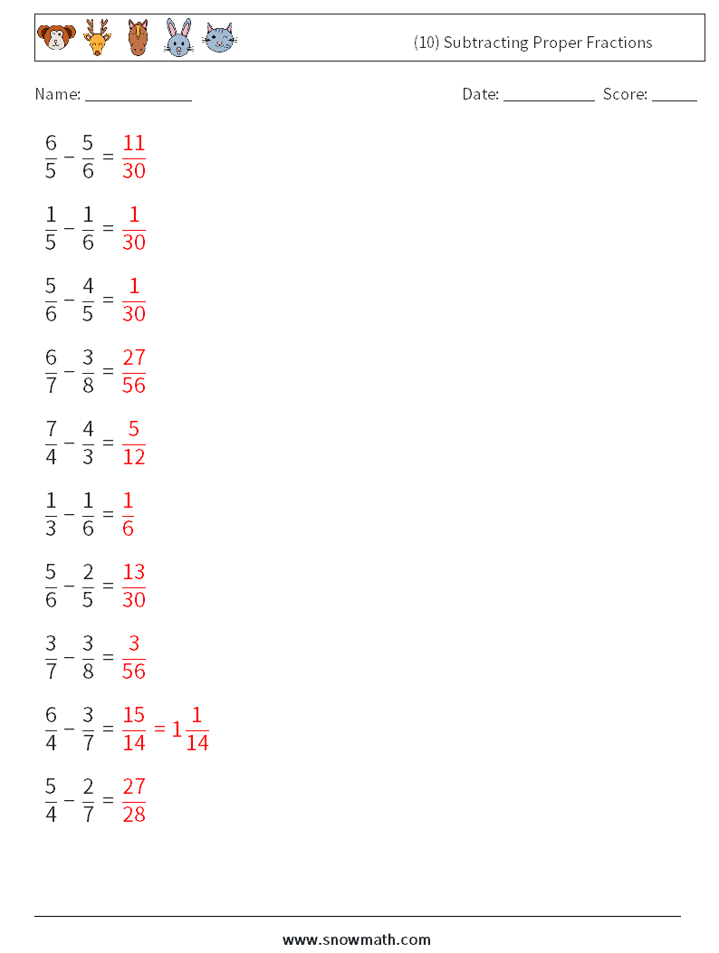 (10) Subtracting Proper Fractions Maths Worksheets 8 Question, Answer