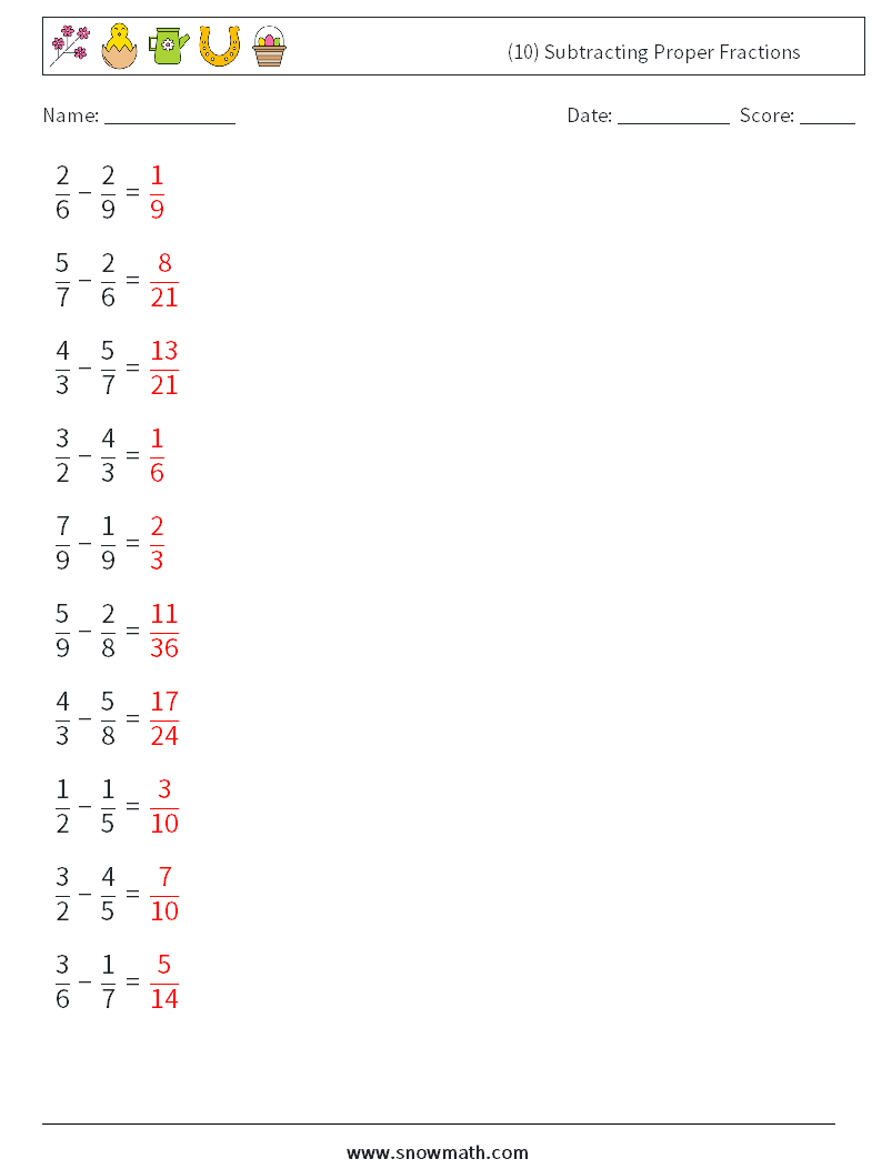 (10) Subtracting Proper Fractions Maths Worksheets 9 Question, Answer