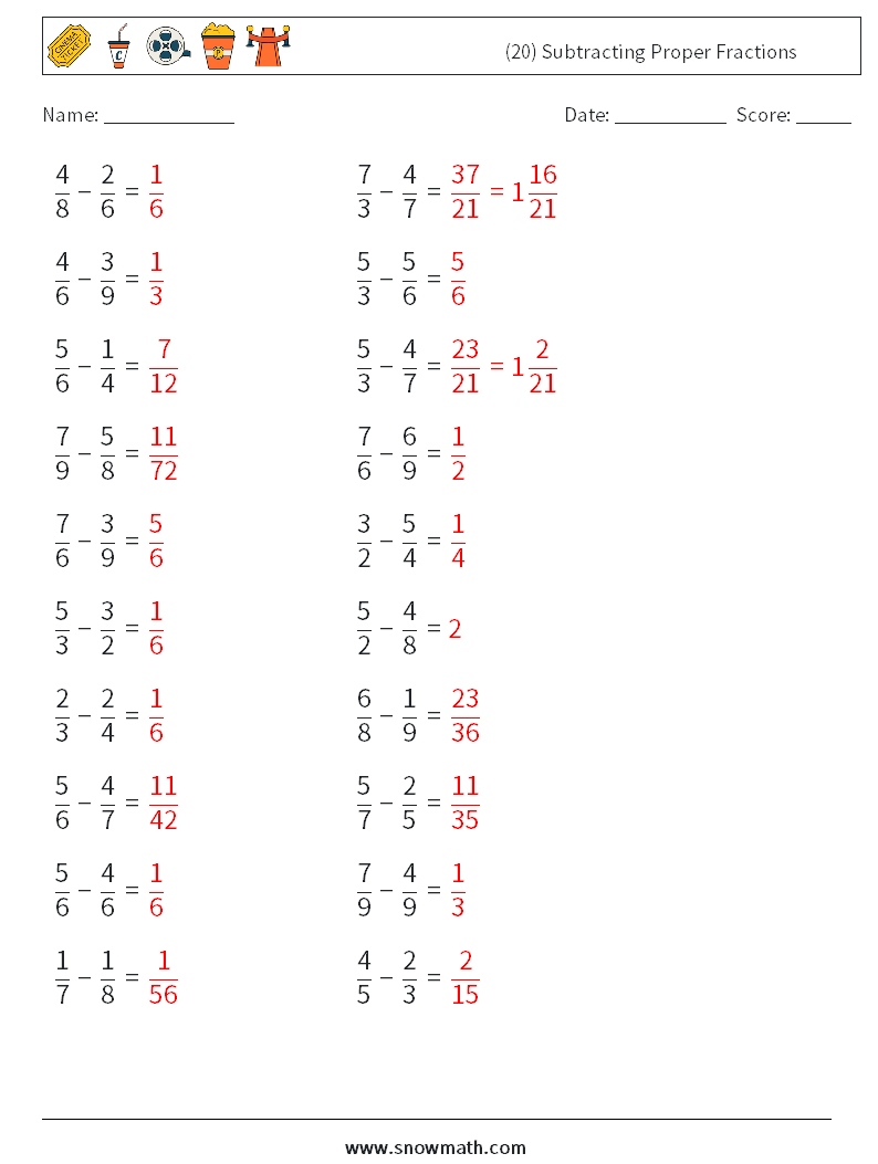 (20) Subtracting Proper Fractions Maths Worksheets 10 Question, Answer