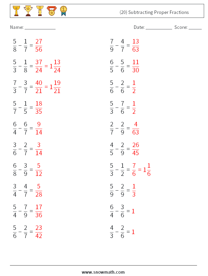 (20) Subtracting Proper Fractions Maths Worksheets 11 Question, Answer