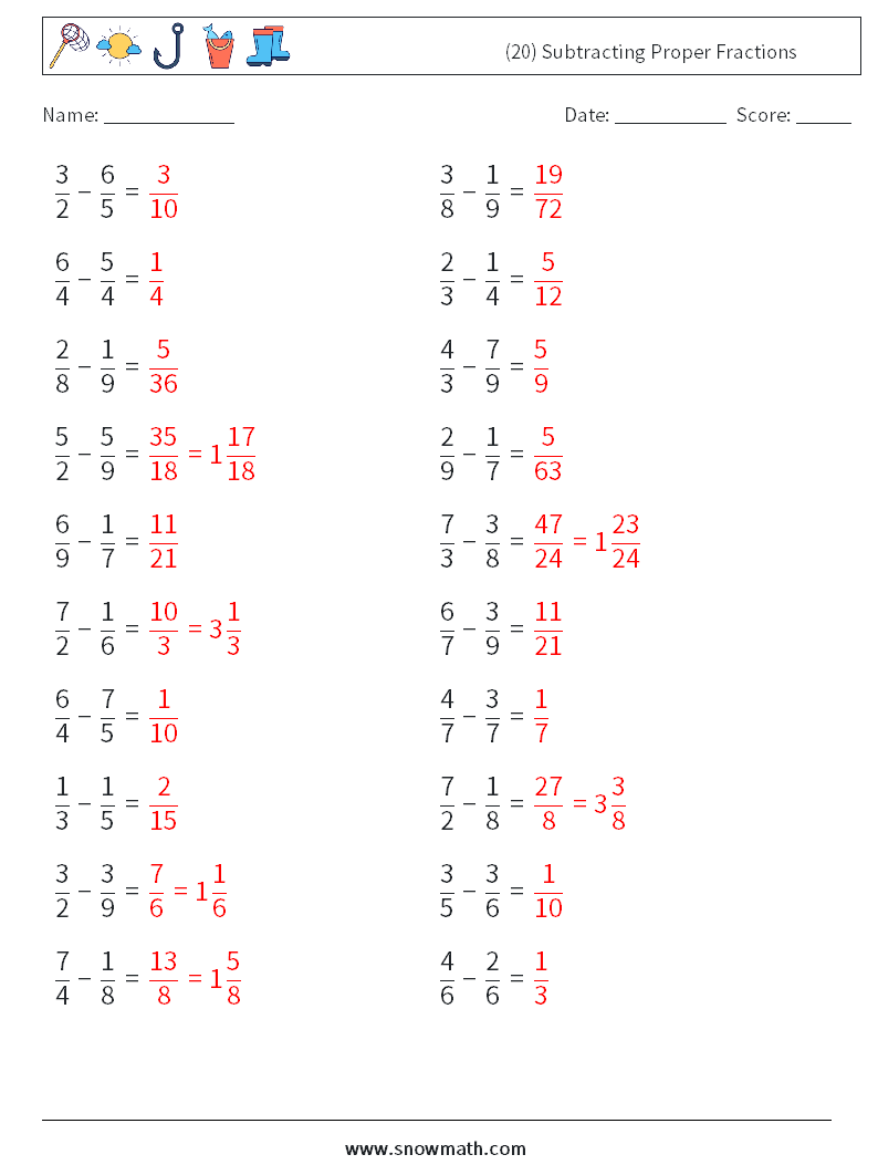 (20) Subtracting Proper Fractions Maths Worksheets 13 Question, Answer