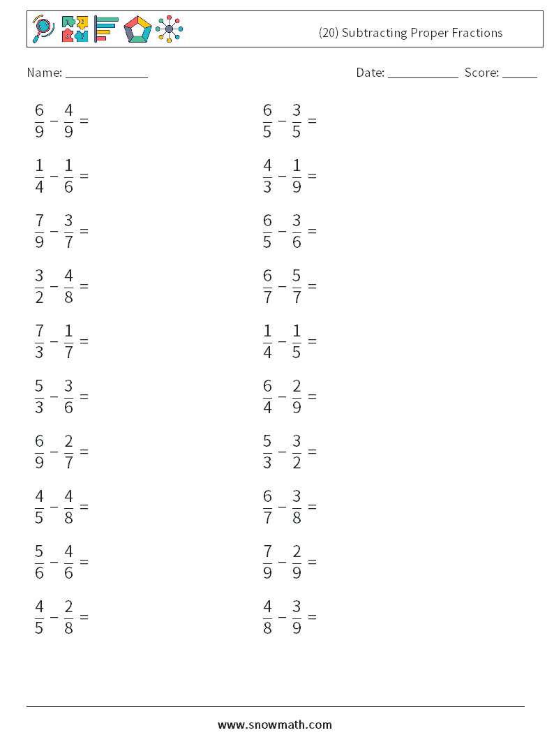 (20) Subtracting Proper Fractions Maths Worksheets 14