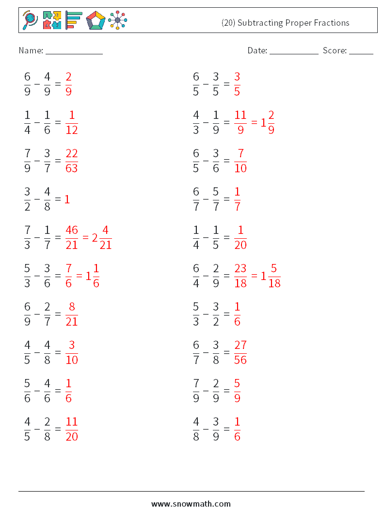 (20) Subtracting Proper Fractions Maths Worksheets 14 Question, Answer