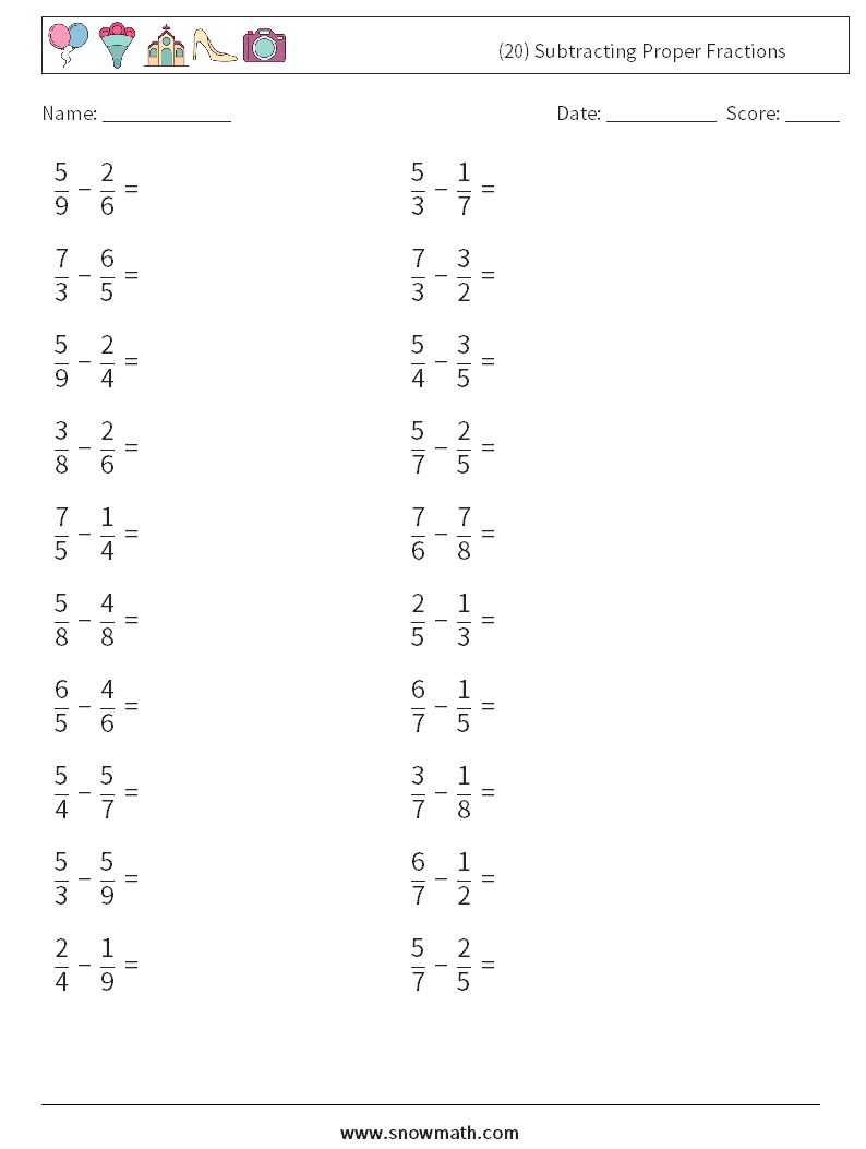 (20) Subtracting Proper Fractions Maths Worksheets 15