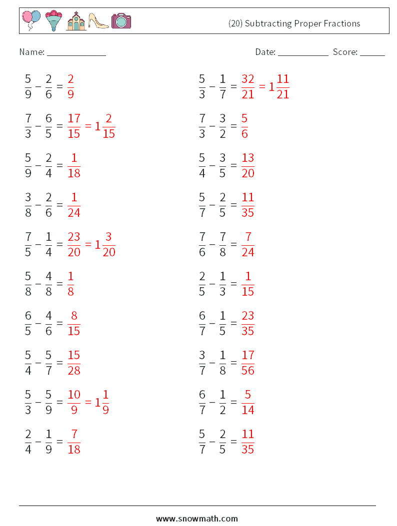 (20) Subtracting Proper Fractions Maths Worksheets 15 Question, Answer