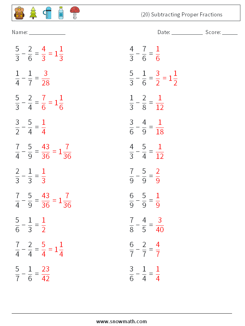(20) Subtracting Proper Fractions Maths Worksheets 16 Question, Answer