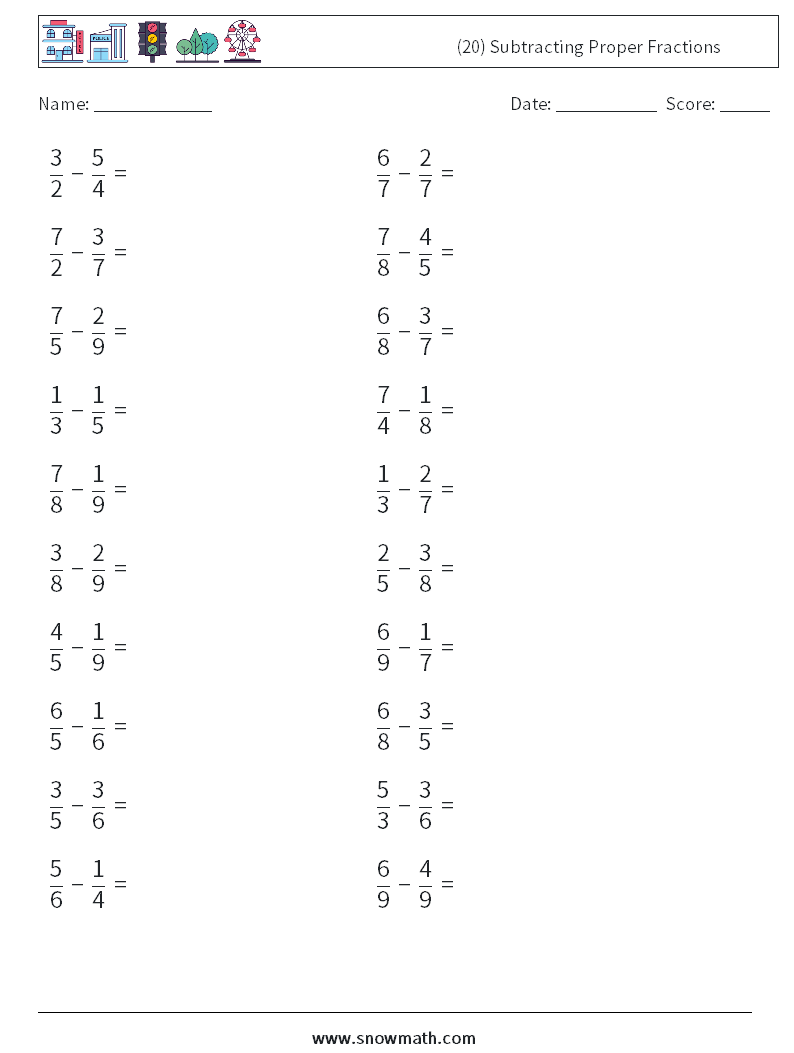 (20) Subtracting Proper Fractions Maths Worksheets 17