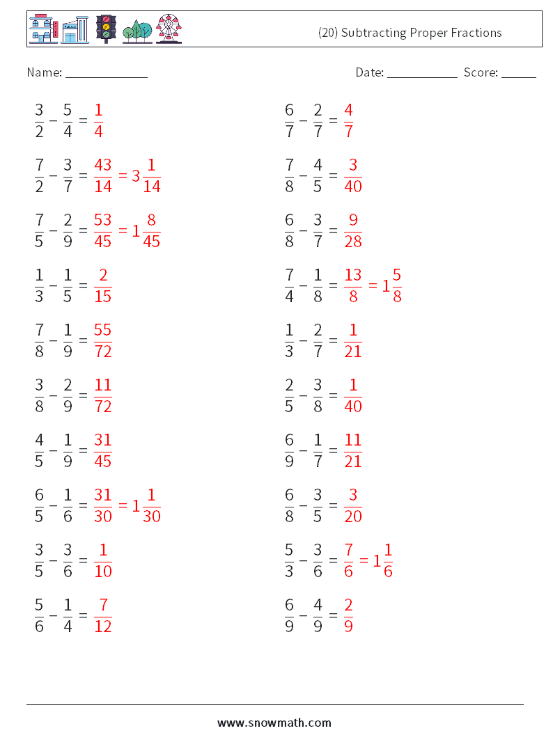 (20) Subtracting Proper Fractions Maths Worksheets 17 Question, Answer