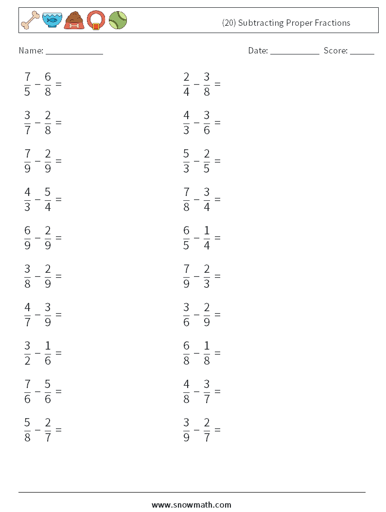 (20) Subtracting Proper Fractions Maths Worksheets 18