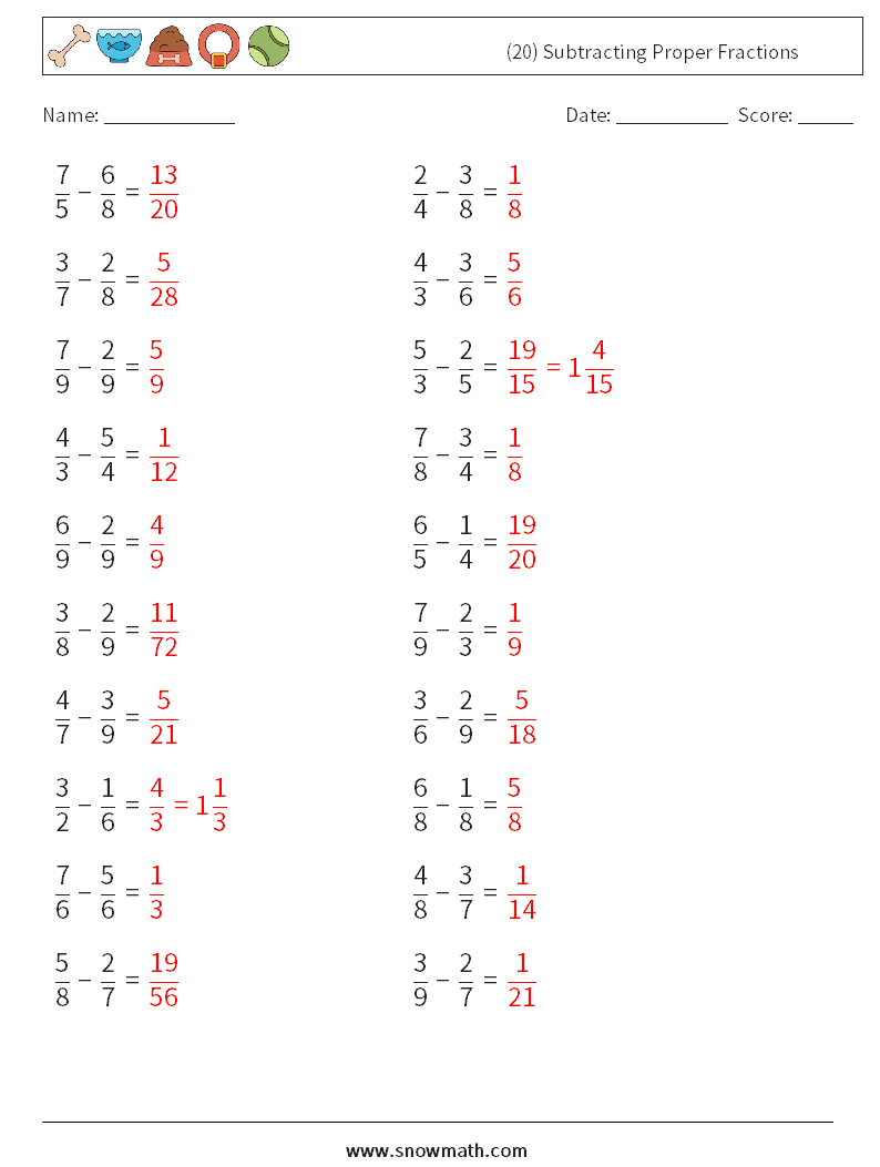 (20) Subtracting Proper Fractions Maths Worksheets 18 Question, Answer