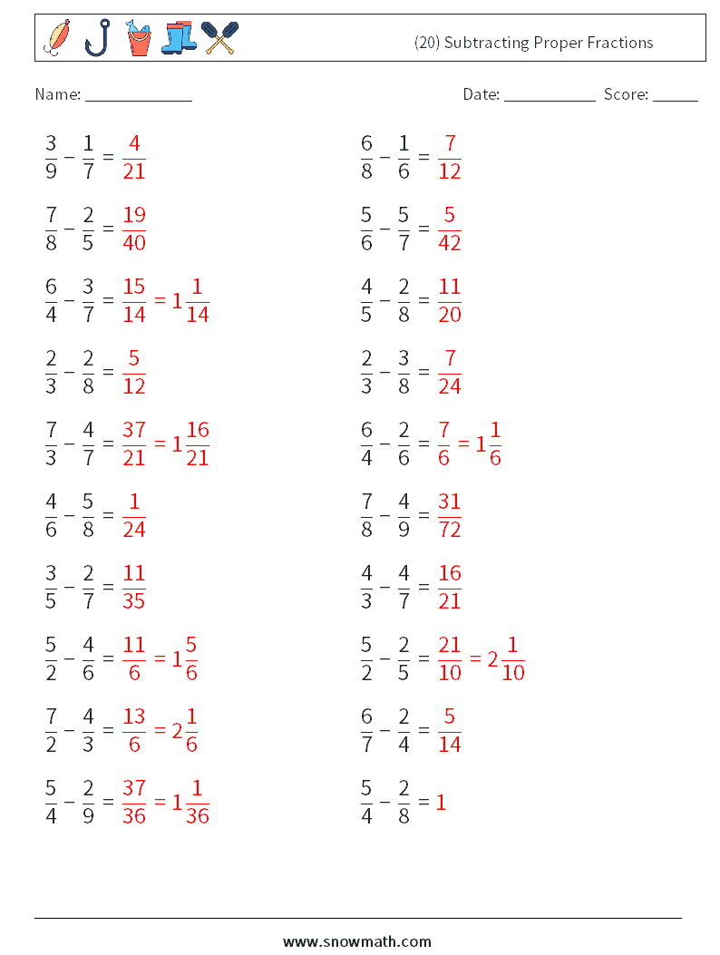 (20) Subtracting Proper Fractions Maths Worksheets 1 Question, Answer