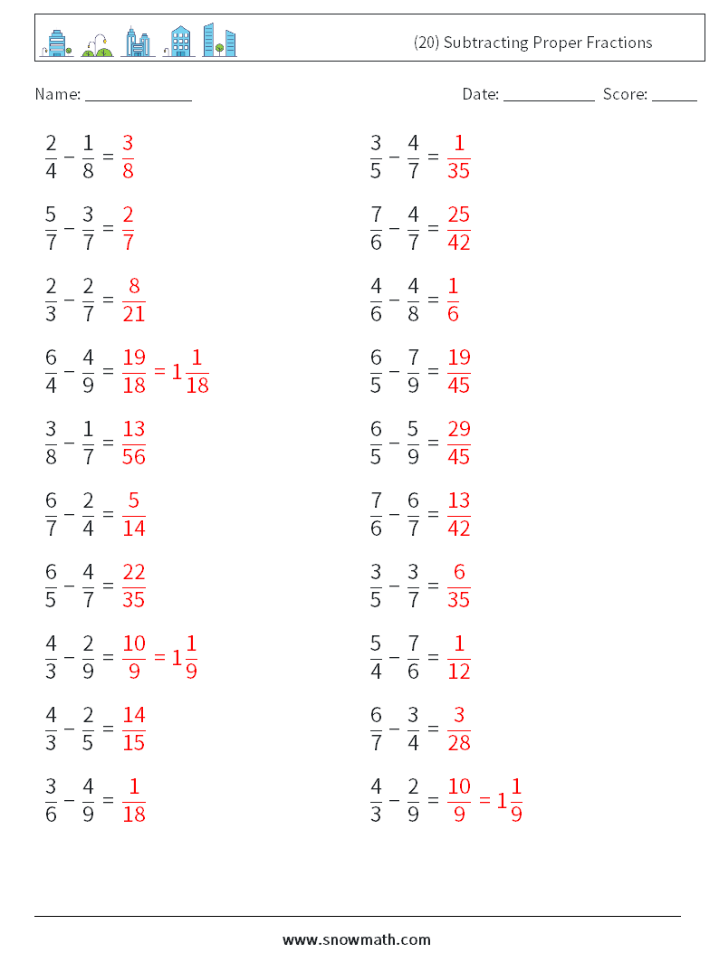(20) Subtracting Proper Fractions Maths Worksheets 3 Question, Answer