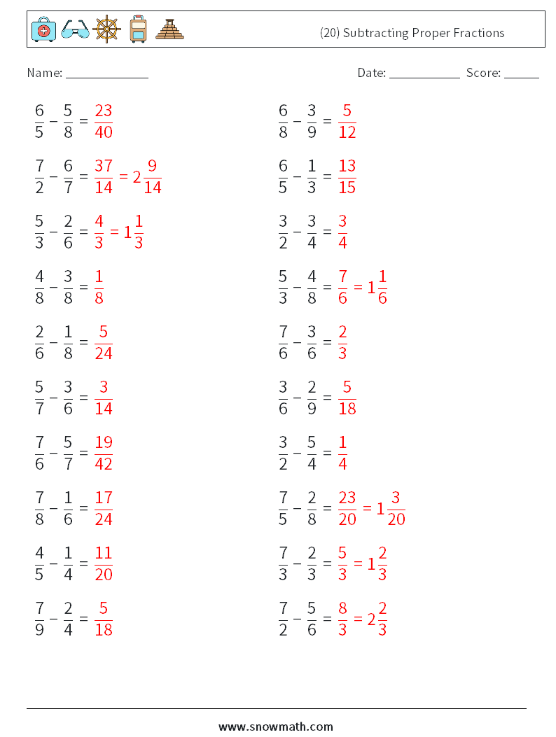 (20) Subtracting Proper Fractions Maths Worksheets 4 Question, Answer